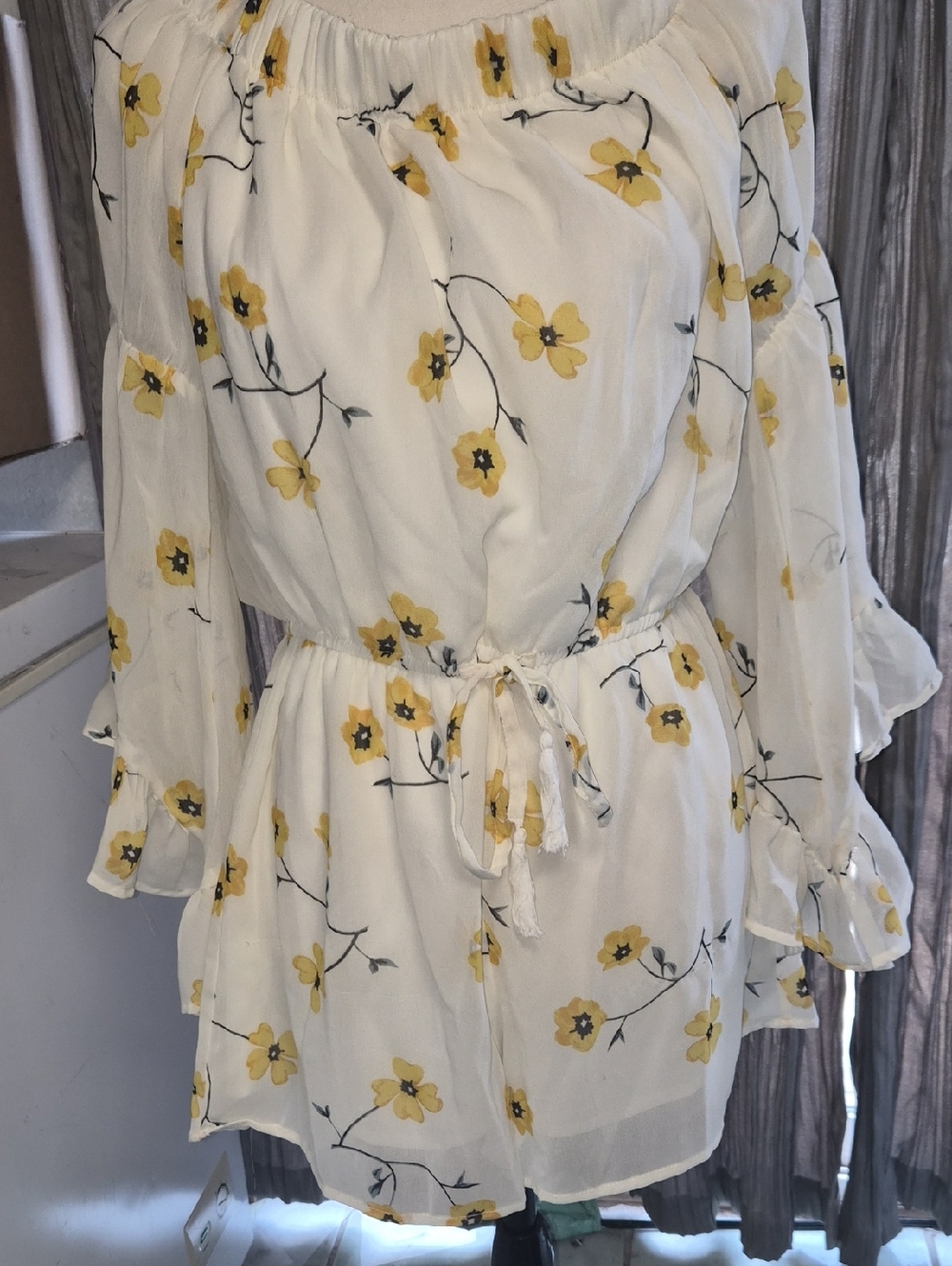 Blush White Dress with Yellow Floral Accents Jumpsuit Large